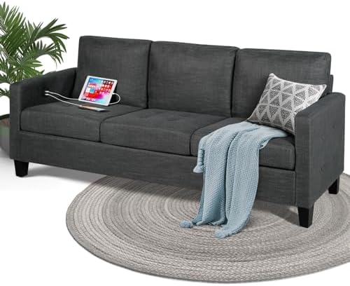 STHOUYN 72" W 3 Seater Couch Sofa with USB Ports, Grey Comfy Couches for Small Spaces, Mid Century Modern Gray Couch for Living Room Apartment Bedroom (Dark Grey)