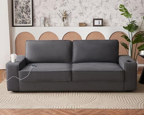 VanAcc Sofa, 89in Modern Couch with Cup Holders & USB Charging Ports, Deep Seat Sofa Couch- Comfy Couch for Living Room (Charcoal Grey Chenille)