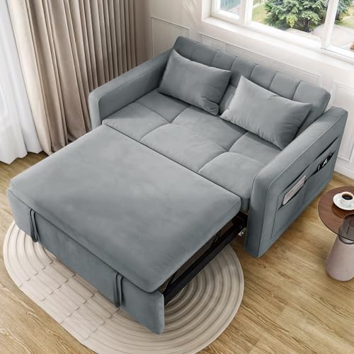 DWVO 55" Futon Couch, 3-in-1 Futon Sleeper with Pull-Out Bed, Convertible Sofa Bed with Adjustable Backrest and Side Pocket, Modern Loveseat Sleeper for Living Room, Grey Velvet, Full Size