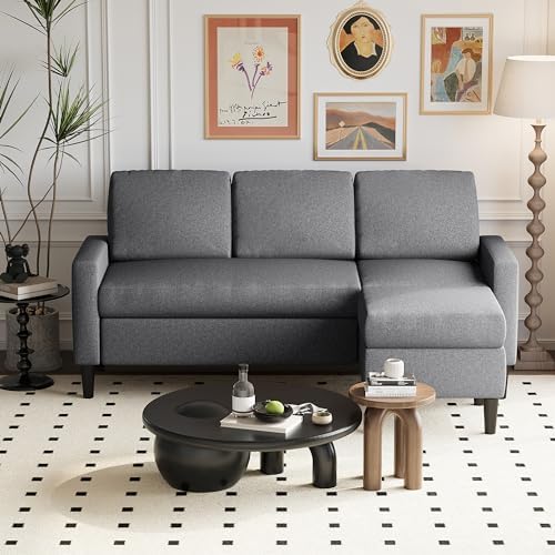 Shintenchi 74" Convertible Sectional Sofa Couch, Small 3-Seat L-Shaped Sofa with Modern Linen Fabric Upholstered, Space-Saving Sofa with Reversible Chaise for Living Room Apartment(Dark Gray)