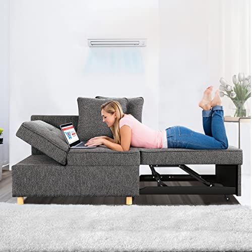 SEJOV Sofa Bed 4-in-1 Convertible Sofas & Couches, 3-Seat Linen Fabric loveseat Sofa with 2 Throw Pillow, Single Recliner for Small Space with 5 Adjustable Backrest, Dark Grey
