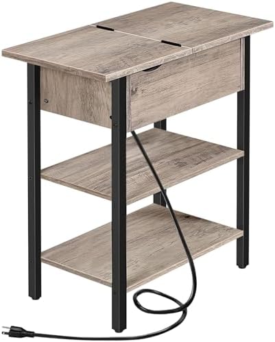 HOOBRO Side Table, Flip End Table with Charging Station and Shelves, USB Ports & Power Outlets, Narrow Nightstand for Small Spaces, Living Room, Stable and Sturdy, Greige and Black BG341BZ01