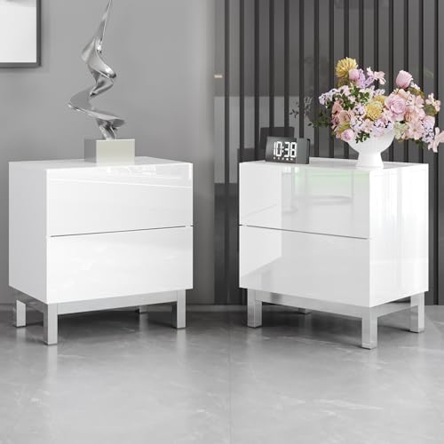 AMERLIFE High Gloss Electroplated Nightstand Set of 2, 24" Modern Minimalist Sofa Side Table with 2 Magnetic Storage Drawers, Rectangular Simple End Table Bedside Table for Bedroom Living Room, White