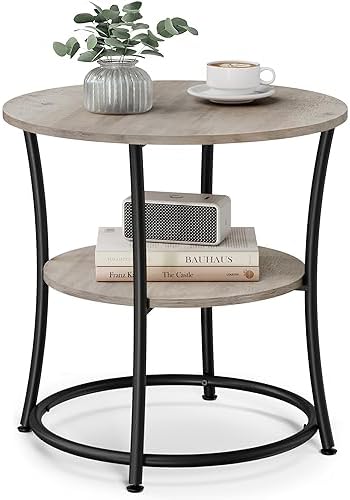 VASAGLE Side Table, Round End Table with 2 Storage Shelves for Living Room, Bedroom, Nightstand with Steel Frame for Small Spaces, Outdoor Accent Coffee Table, Greige and Ink Black