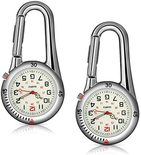 Hicarer 2 Pieces Clip on Quartz Watch Backpack Fob Belt Watch Glow in The Dark Unisex Pocket Watch with White Dial for Doctors Nurses Outdoor Activities