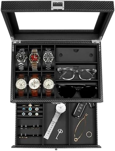GUKA Watch box, 6 Slot Watch Case, 3 Slot Sunglass Organizer, Watch Cases for men with Real Glass Lid, Watch Organizer storage with Jewelry Case, Birthday for Men and Women, Black