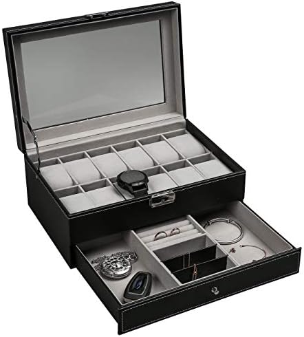 Ogrmar 12 Slot PU Leather Lockable Watch Storage Boxes, Men & Women Jewelry Display Drawer Case, 2-tier Organizer Watch Showcase with Glass Lid (Black)